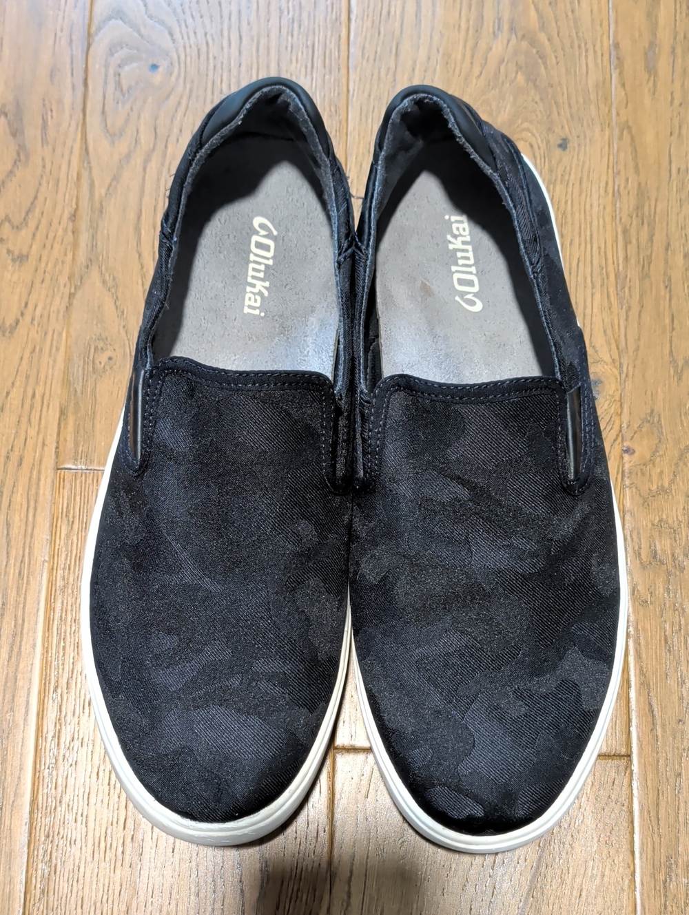 OluKai Men's Black Canvas Slip-On Camo-Texture Loafers